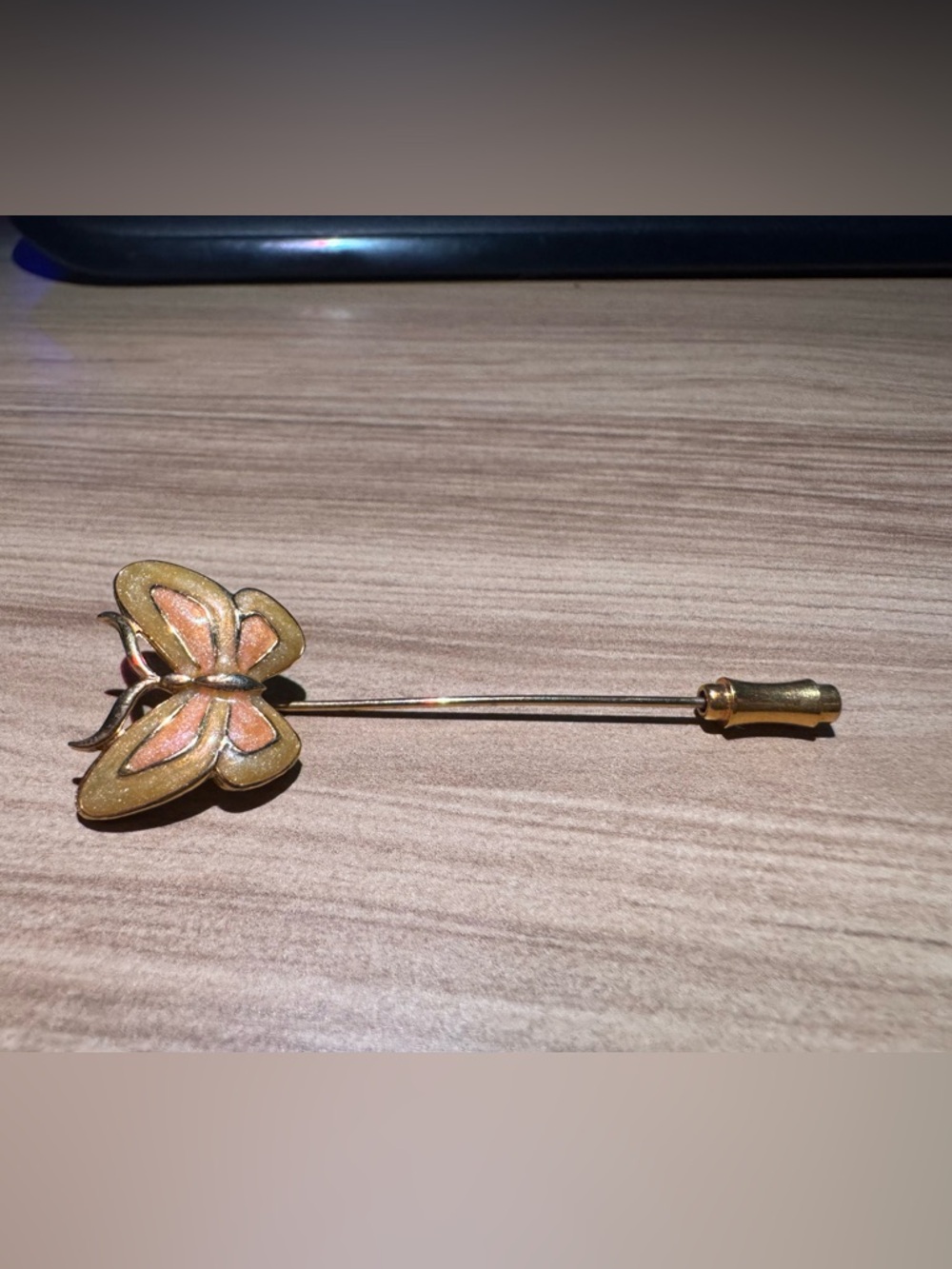 Gold Tone Butterfly Stick Pin with Pink Enamel
